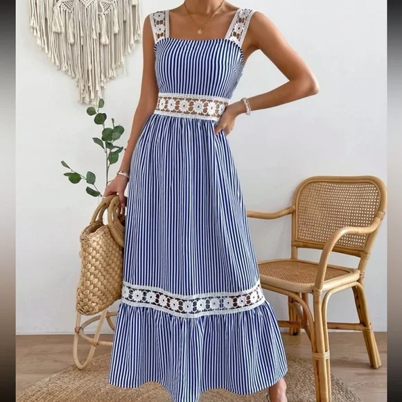 Boho Stripes Floral Sheer Mesh Lace Tiered Cami Maxi Dress - Picture 4 of 6